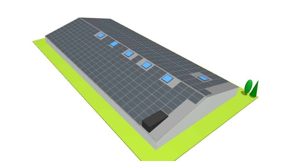 Grafik einer Industriehall mit Solarpanel auf dem Dach