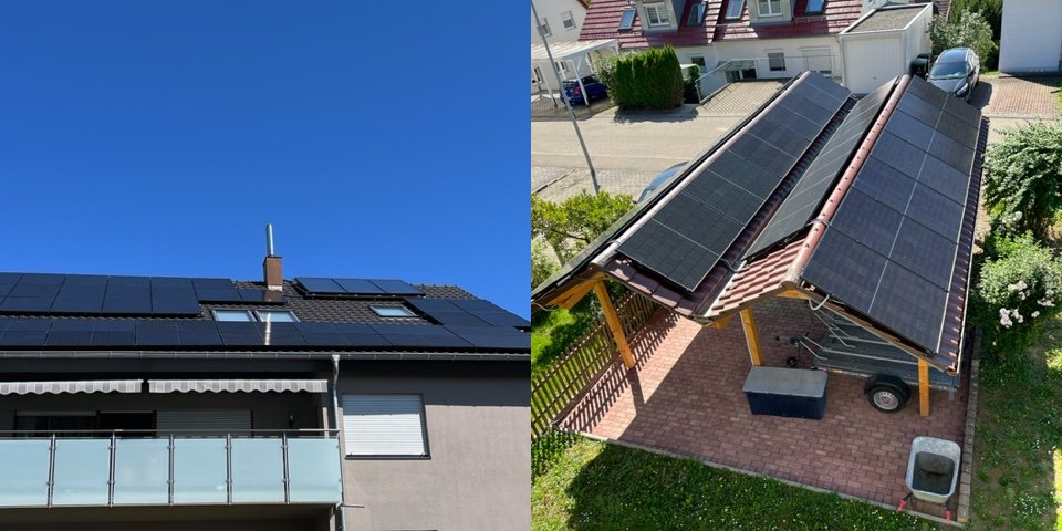 Solarpanel auf Dach eines Wohnhauses und eines Carports